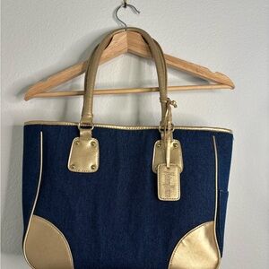 Neiman Marcus Denim & Gold Leather Tote Bag- Blue Jean Purse